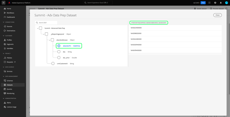 O esquema XDM e a exibição em tabela dos dados nivelados. O nome da coluna de um conjunto de dados aninhado está realçado na interface.