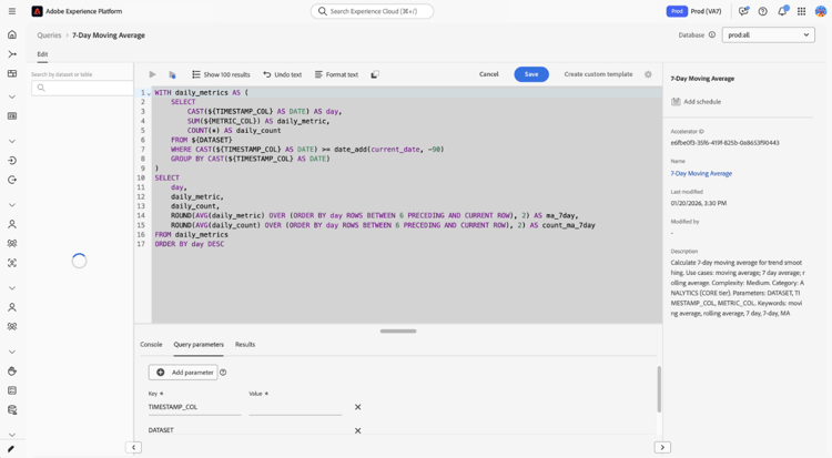 O Editor de Consultas com um acelerador aberto, mostrando a área SQL, a guia Parâmetros de consulta e o painel direito.