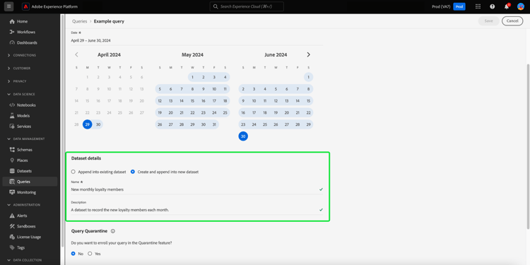 O painel Detalhes do agendamento com detalhes do conjunto de dados e as opções Criar e anexar em novo conjunto de dados destacadas.