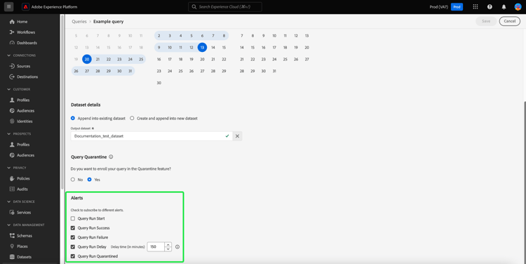 O painel Detalhes do agendamento com as opções de Alerta realçadas.