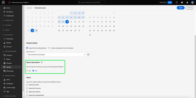 O espaço de trabalho Calendários de Consultas com Quarentena de Consulta realçado e Sim selecionado.