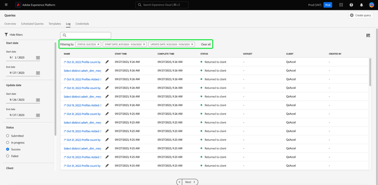 A guia Log do espaço de trabalho Queries, com a lista de filtros aplicados destacada.