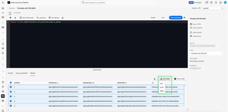 A guia de resultados do Editor de Consultas com Download e o menu suspenso realçado.