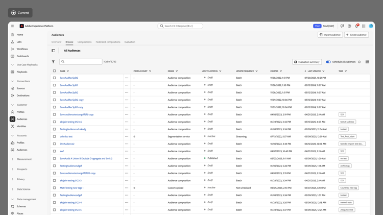 A interface de públicos-alvo antes da atualização.