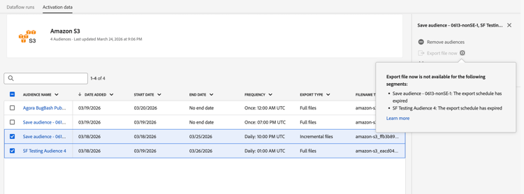 A ação Exportar arquivo agora está desabilitada com uma dica de ferramenta explicando por que a ação não está disponível.