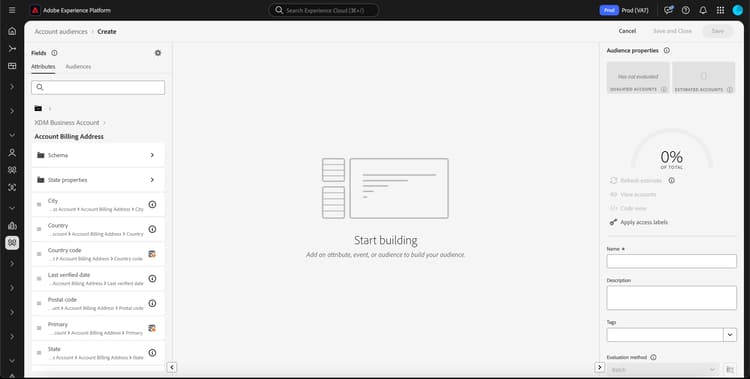 A guia Atributos é exibida no Audience Builder