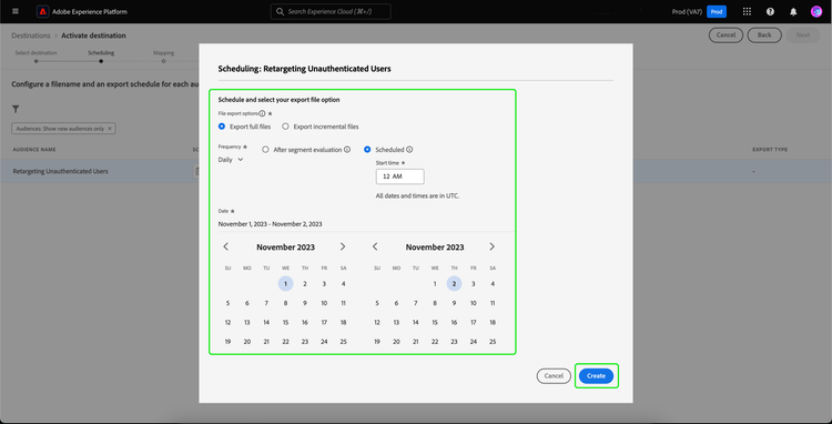 O popover de configuração de agendamento é exibido.