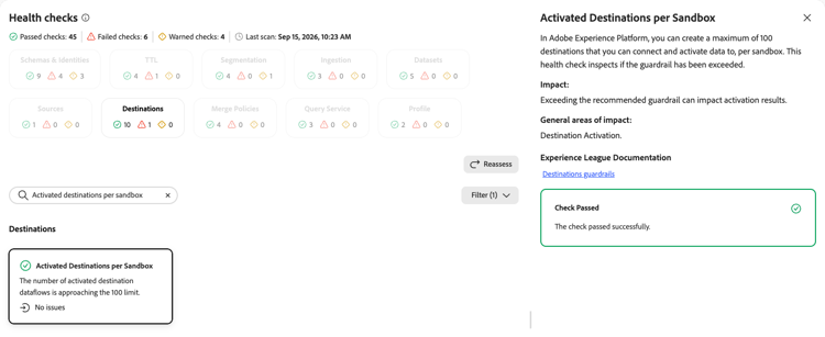 Painel de detalhes Destinos ativados por sandbox mostrando a descrição, o impacto e as áreas gerais do impacto