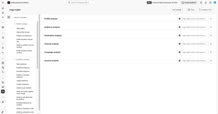 O painel de Insights de Uso com o painel de índice aberto, mostrando as áreas de análise e gráficos disponíveis.