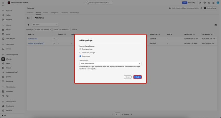 Add to package, mostrando um pacote selecionado na lista suspensa.