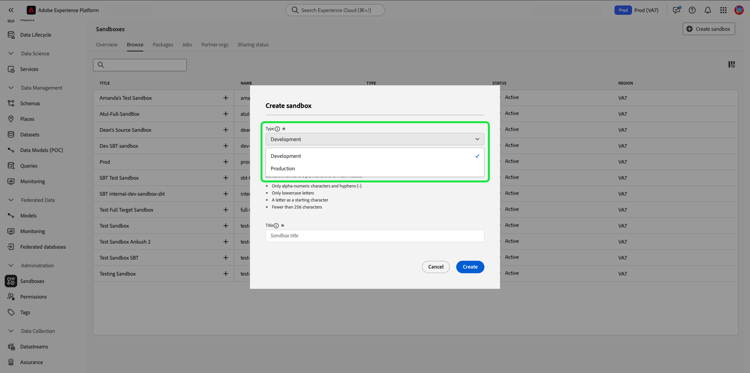 A caixa de diálogo Criar sandbox com o seletor de tipo de sandbox realçado.