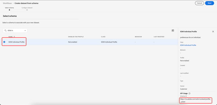 O esquema do Perfil Individual XDM está realçado.