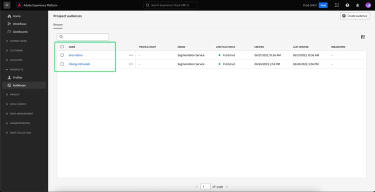 Os públicos-alvo de cliente potencial pertencentes à organização estão destacados.