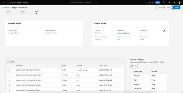 A página Review é exibida, mostrando detalhes do público recém-importado gerado externamente.