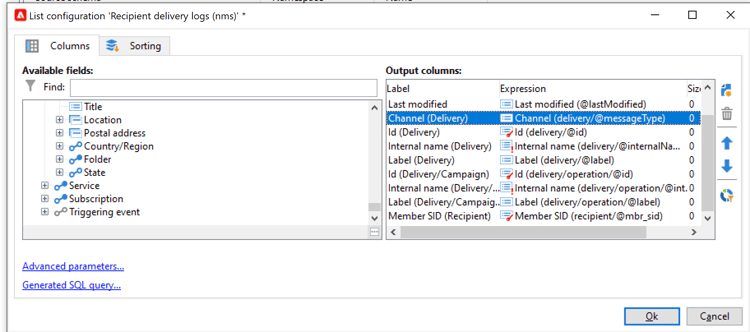 Uma lista de configurações para logs de entrega de destinatários que podem ser adicionadas para exibição.