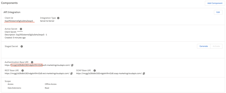 A interface dos componentes do Salesforce Marketing Cloud na qual a ID do cliente e o URI de base exclusiva podem ser recuperados.