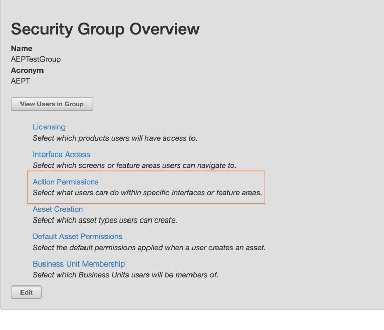 A janela de visão geral do grupo de segurança em Eloqua.