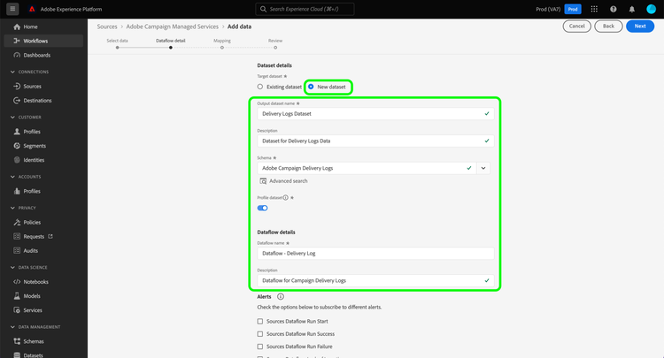 Uma interface exibindo a nova opção de conjunto de dados.