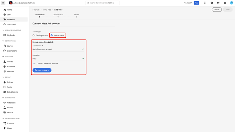 A nova etapa de conta com um nome de conta de origem do Meta Ads, descrição opcional e Conectar à origem.
