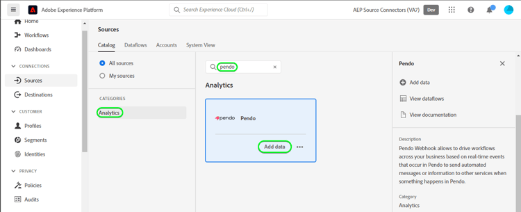 O catálogo de origem da interface do usuário da Platform com o cartão Pendo.