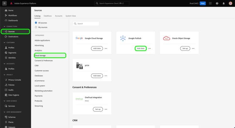 O catálogo de fontes na interface do Experience Platform.