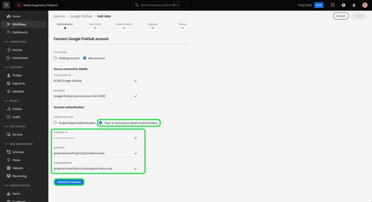 A nova interface de conta para a origem Google PubSub com acesso com escopo selecionado.
