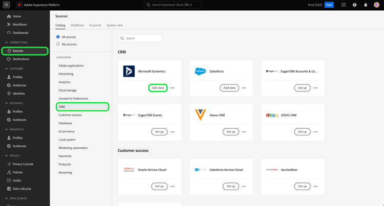 O catálogo de origens com o Microsoft Dynamics selecionado.