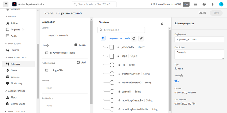 Captura de tela da interface da plataforma mostrando um exemplo de esquema para Contas