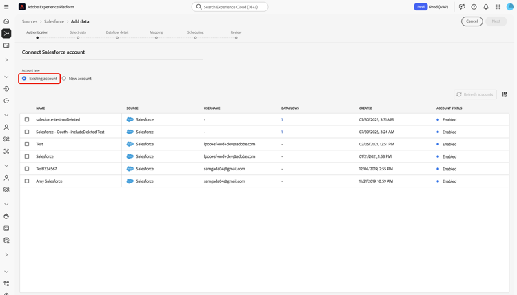 Uma lista de contas autenticadas do Salesforce que já existem em sua organização.