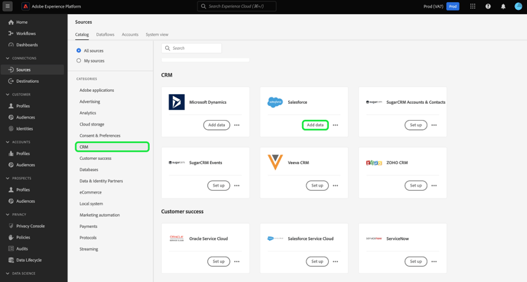 O catálogo de origens na interface do usuário do Experience Platform com o cartão de origem do Salesforce selecionado.