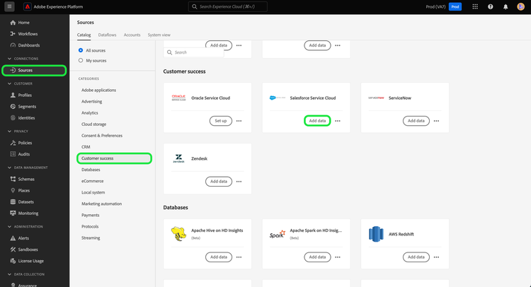 O catálogo de origens na interface do usuário do Experience Platform com o cartão de origem do Salesforce Service Cloud selecionado.
