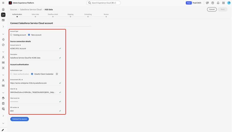 A interface OAuth para a criação de conta do Salesforce.