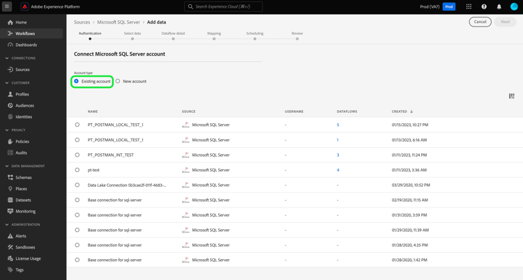 A interface de conta existente que exibe uma lista de contas existentes.