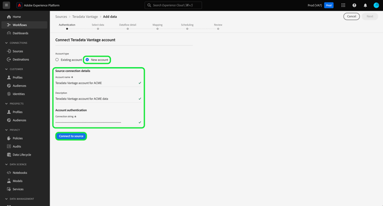 A nova interface de criação de conta no espaço de trabalho de origens.