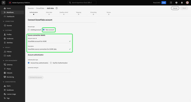 A nova interface de conta no fluxo de trabalho de origens.