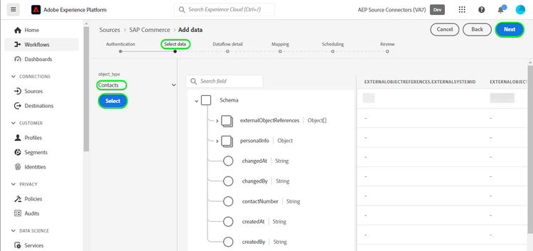Captura de tela da interface do usuário da plataforma para SAP Commerce mostrando a configuração com a opção Contatos selecionada
