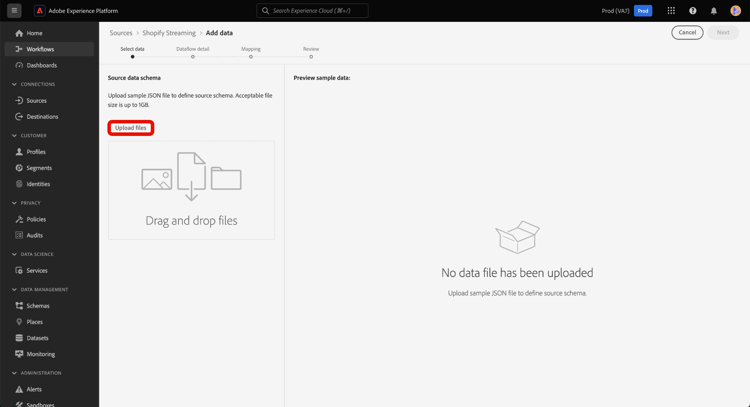 A etapa para adicionar dados do fluxo de trabalho de fontes.