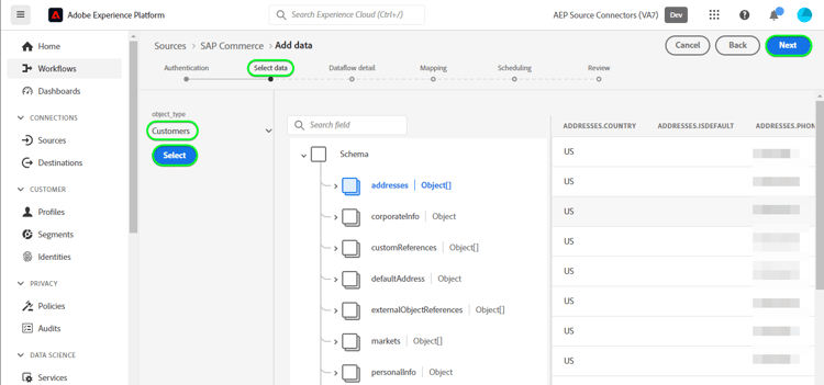 Captura de tela da interface do usuário da plataforma para SAP Commerce mostrando a configuração com a opção Clientes selecionada