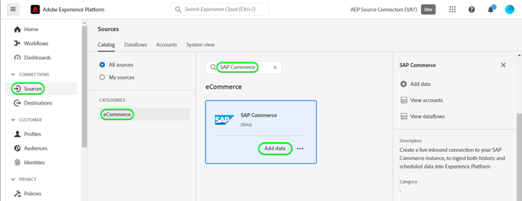 Captura de tela da interface do usuário da plataforma para catálogo com o cartão SAP Commerce