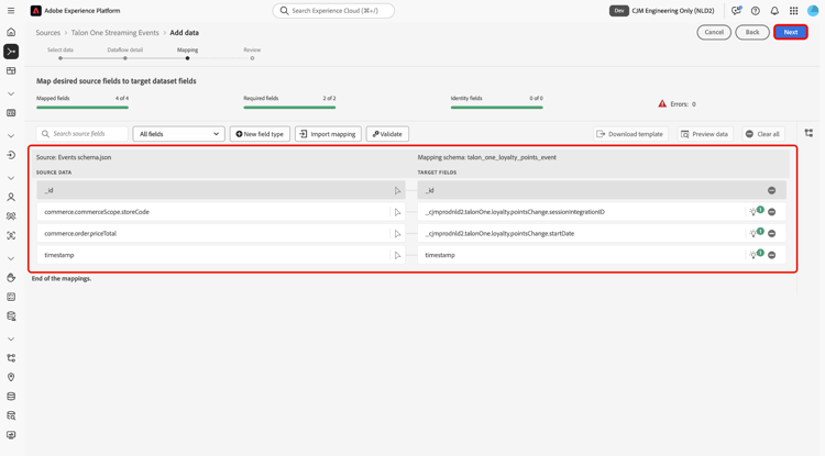 A interface de mapeamento para transmissão Talon.One.