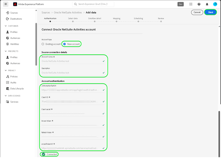 Captura de tela da interface do usuário da plataforma para conectar a conta de Atividades do Oracle NetSuite a uma nova conta