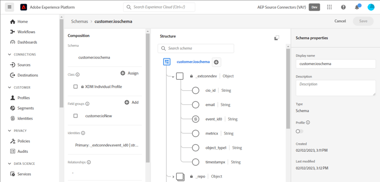 Captura de tela da interface da plataforma mostrando um exemplo de esquema para Customer.io