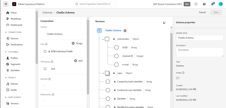 A interface do usuário da plataforma mostrando um esquema de exemplo para o Chatlio