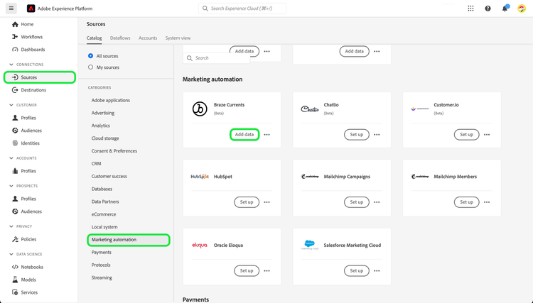 O catálogo de origens na interface do usuário do Experience Platform com a origem Braze Currents selecionada.