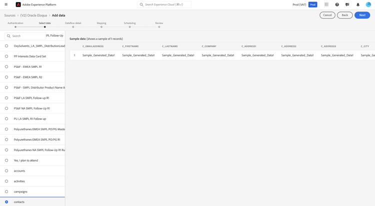 A interface de seleção de dados mostrando entidades de dados Eloqua disponíveis.
