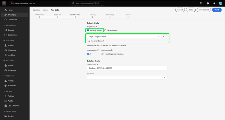 A interface de seleção do conjunto de dados existente.