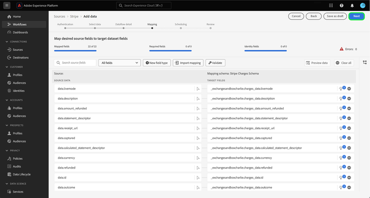 A interface de mapeamento do fluxo de trabalho de origens.