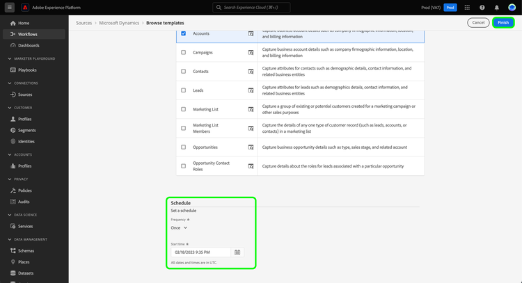 A interface de agendamento para modelos do Dynamics e do Salesforce.