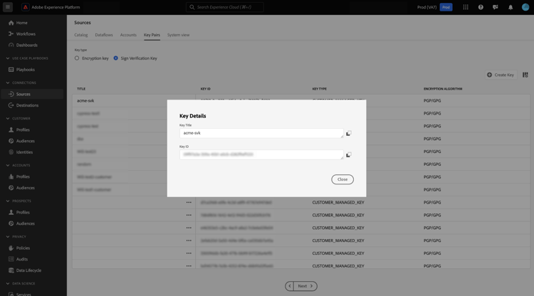 Os detalhes da chave de verificação de assinatura recém-criada.