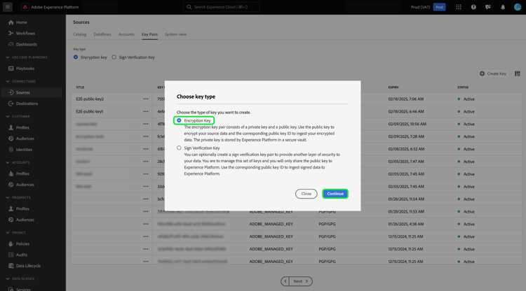 A janela de criação de chave, com chave de criptografia selecionada.